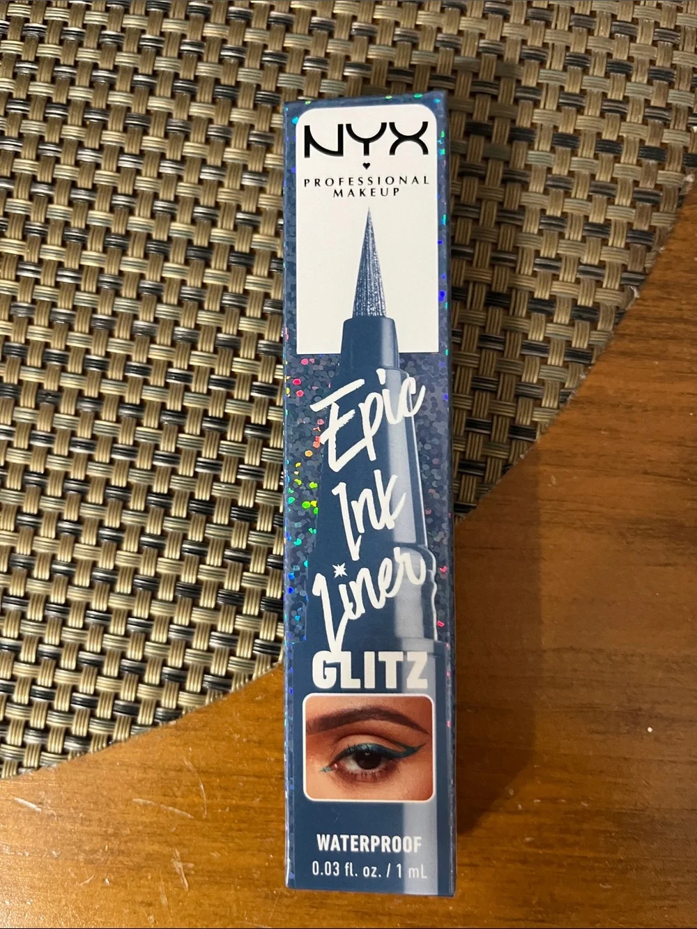 NYC waterproof eyeliner glittery black w blue satin drawstring bag